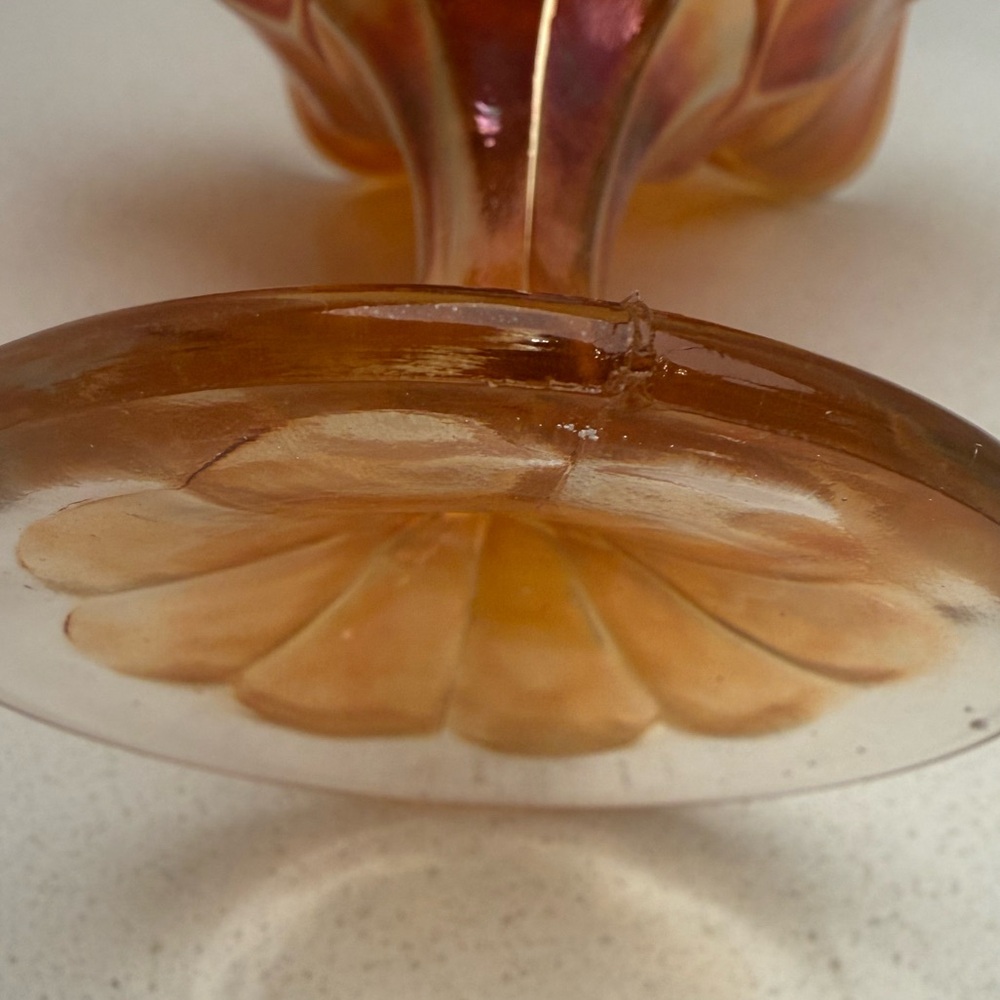 Vintage Carnival Glass Marigold Ruffled Edges Footed Bowl Iridescent Floral - Picture 12 of 17